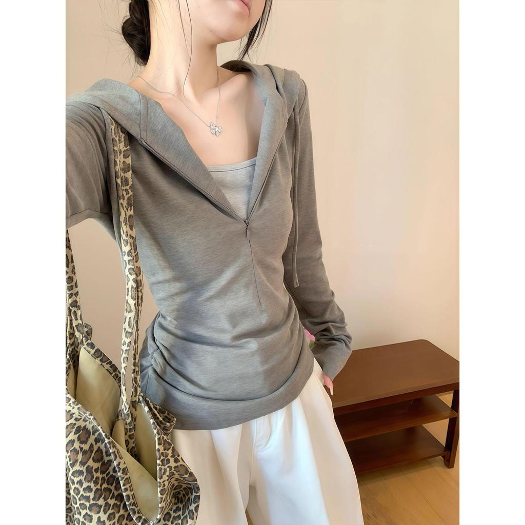 Women's Korean-Style Grey Two-Piece Look Hooded Cropped Long-Sleeve T-Shirt with Slim Fit Fleece Inner Layer for Spring/Autumn