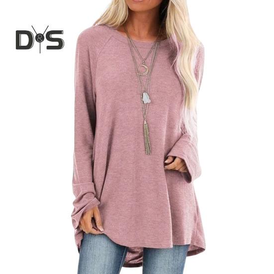 

Женские топы с круглым вырезом и длинным рукавом, свободный крой, однотонная туника, повседневная рубашка с длиной до бедер XXL розовый