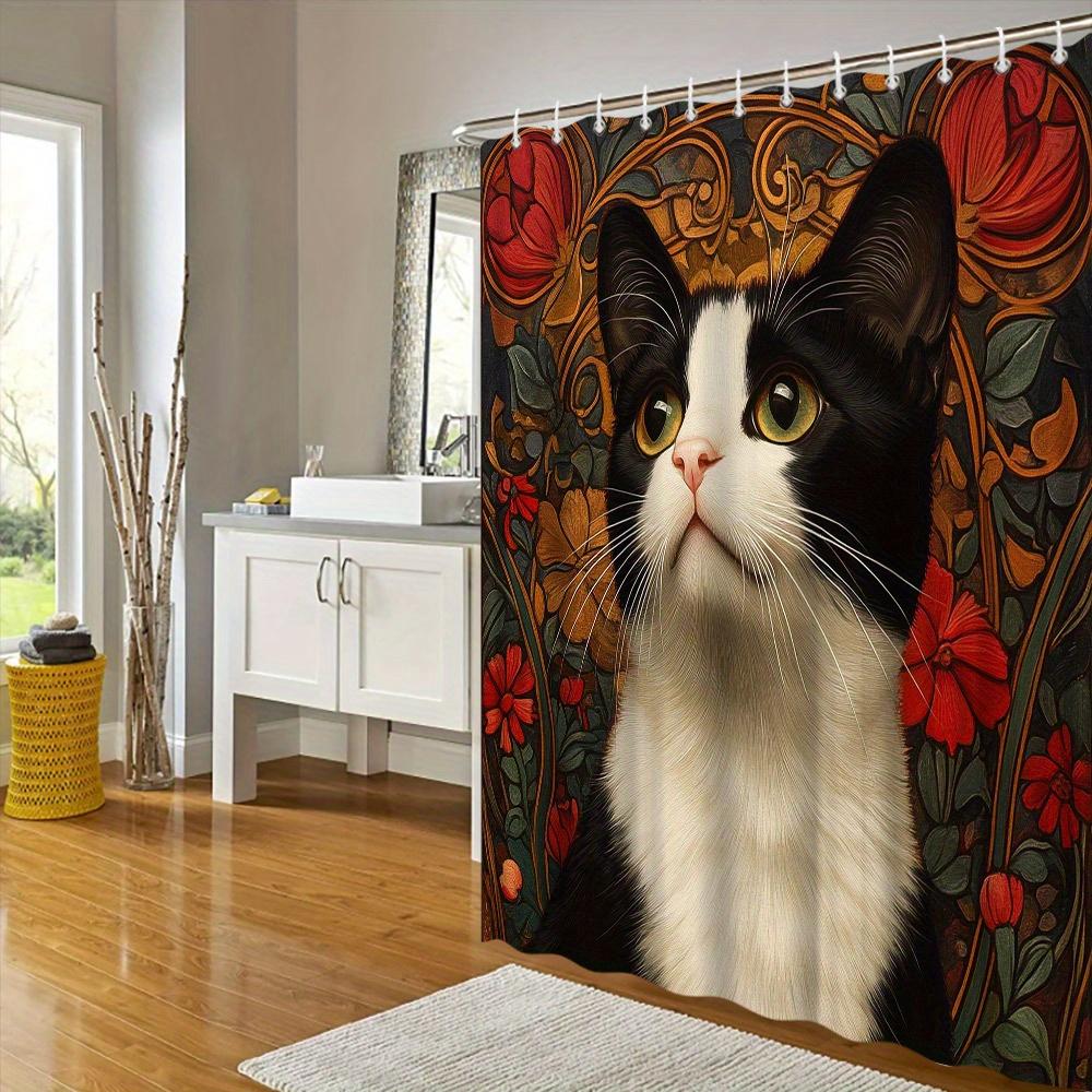 1 Stück Elegante Schwarz-Weiß-Katzenkunst Duschvorhang mit Grünen Augen - Vintage Florales Rahmendesign, Polyestergewebe, 12 Haken