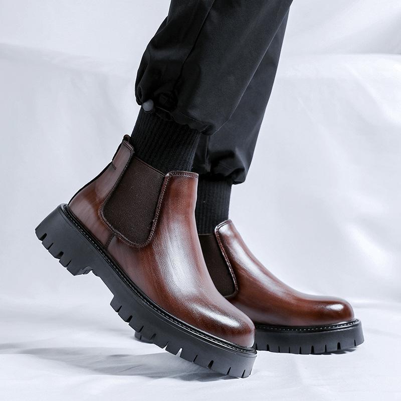 Inner Height Increasing Brock Chelsea Boots Men'S High Top Leather Shoes Gouging British Martin Boots 2113-R