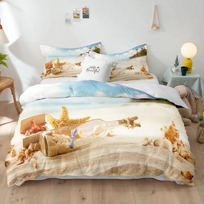 Parure de lit en polyester avec housse de couette et motif imprimé de bouteille à la dérive et d'étoiles de mer pour enfants et adultes