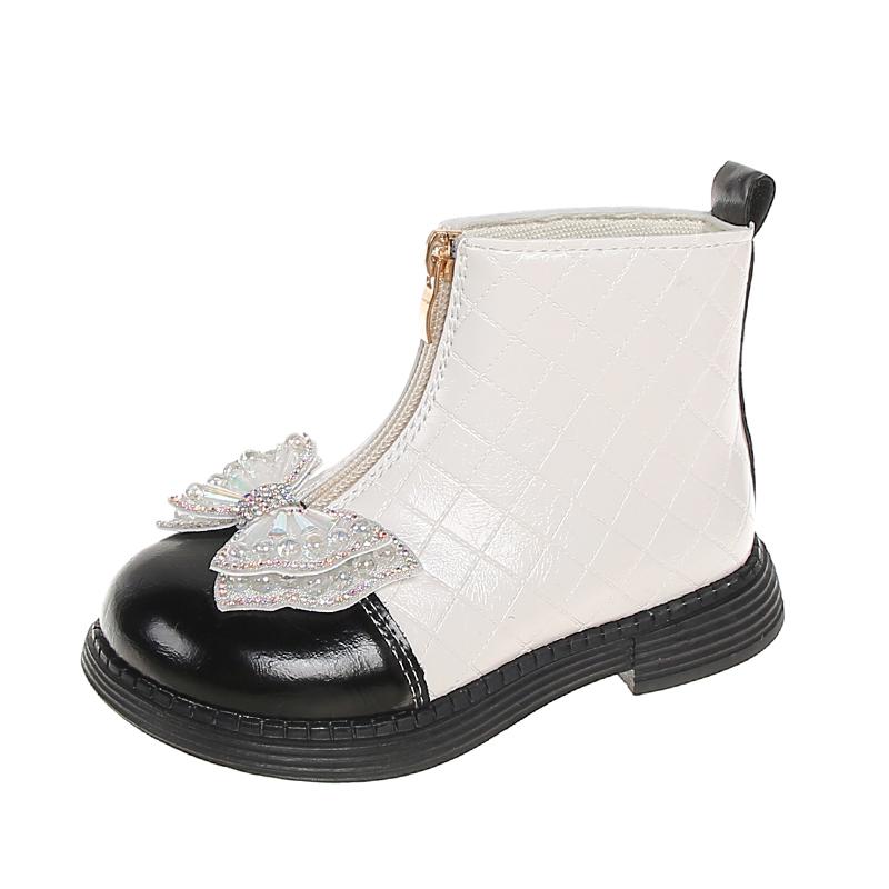 Girls Ankle Boots Children Flats Bottom Princess Rhinestone Boots with Bow-knot Front Zip Glossy Fashion Kids Chelsea Boots 2024