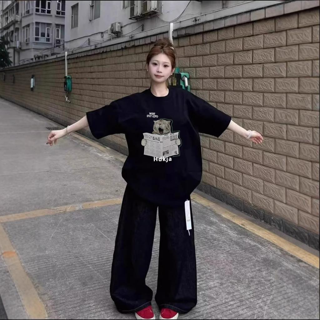 Women's Round Neck Short Sleeve Cotton T-Shirt Loose Fit Cat Print Casual Summer Top