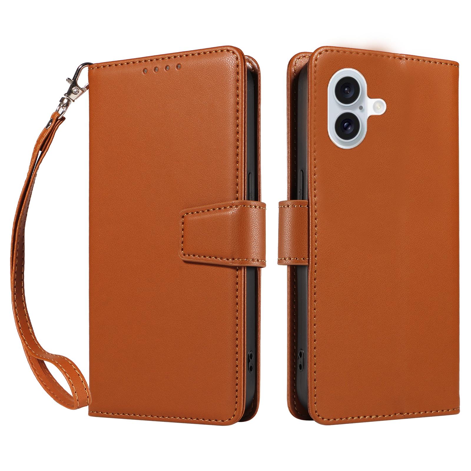 

For iPhone 16 Plus Case RFID Blocking PU Leather Wallet Flip Phone Cover with Wrist Strap Light Brown