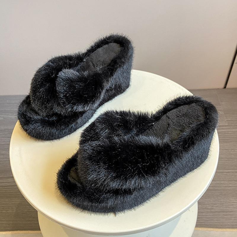 Thick-soled Fluffy Slippers for Women In Spring and Autumn, One-word Home Muffin, High-heeled Small Cotton Slippers