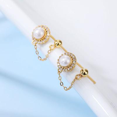 Pearl Chain Earrings Temperament Double Ear Piercing Design Earrings French Retro New Style