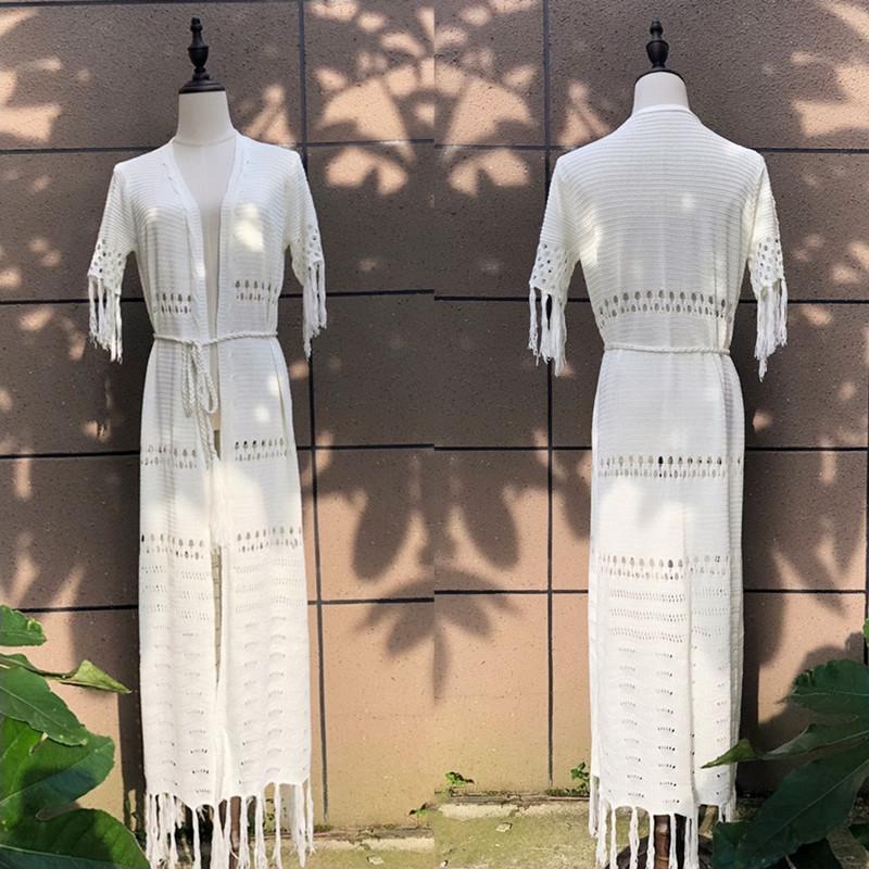 2022 New Knitted Bikini Cover Up Sexy Hollow Fringe Tunic Long Cardigan Casual Short Sleeve Women's Swimwear Cover Up Q451