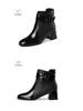 2025 Autumn/Winter Patent Leather Chunky Heel Ankle Boots with Square Toe and Buckle Details