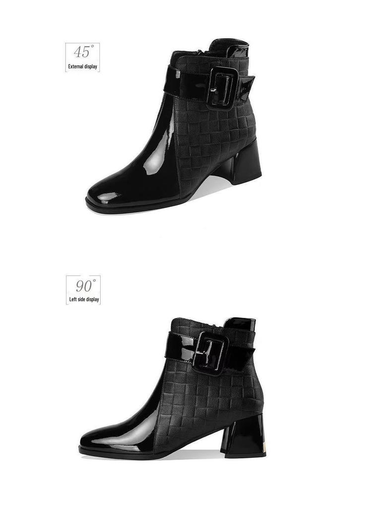 2025 Autumn/Winter Patent Leather Chunky Heel Ankle Boots with Square Toe and Buckle Details