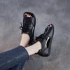 Johnature Sandales peep toe en cuir véritable rétro à semelle plate et à lacets, chaussures pour femmes à semelle souple