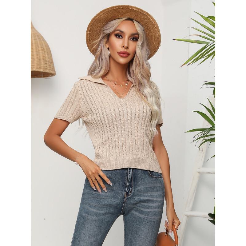 

Вязаный свитер с короткими рукавами и перекрученными лацканами, женские короткие топы, летняя женская одежда с пересечением границ L хаки