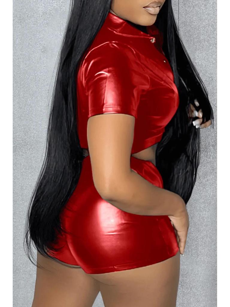 European & American Women's 2023 Leather Jacket and Faux Leather Shorts Set