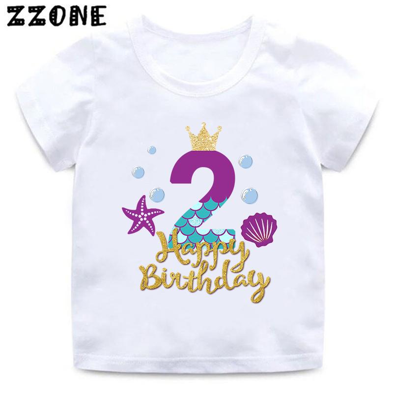 Cute Mermaid Princess Print Girls Clothes 1 2 3 4 5 6 7 8 9 Years Happy Birthday Kids Short Sleeve T Shirt Baby Boys TShirts