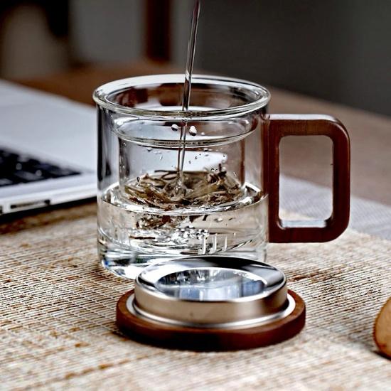 300ml Heat Resistant Glass Tea Cup With Wooden Handle Puer Filter Cups Tea Water Separation Mug Kung Fu Tea Cup Set