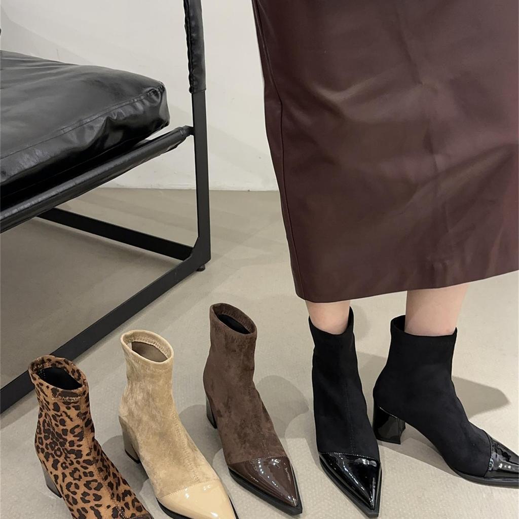 European and American Pointed High-heeled Short Boots 2025 New Autumn and Winter Niche Design Splicing Thin Boots Temperament Thick Heel Fashion Boots