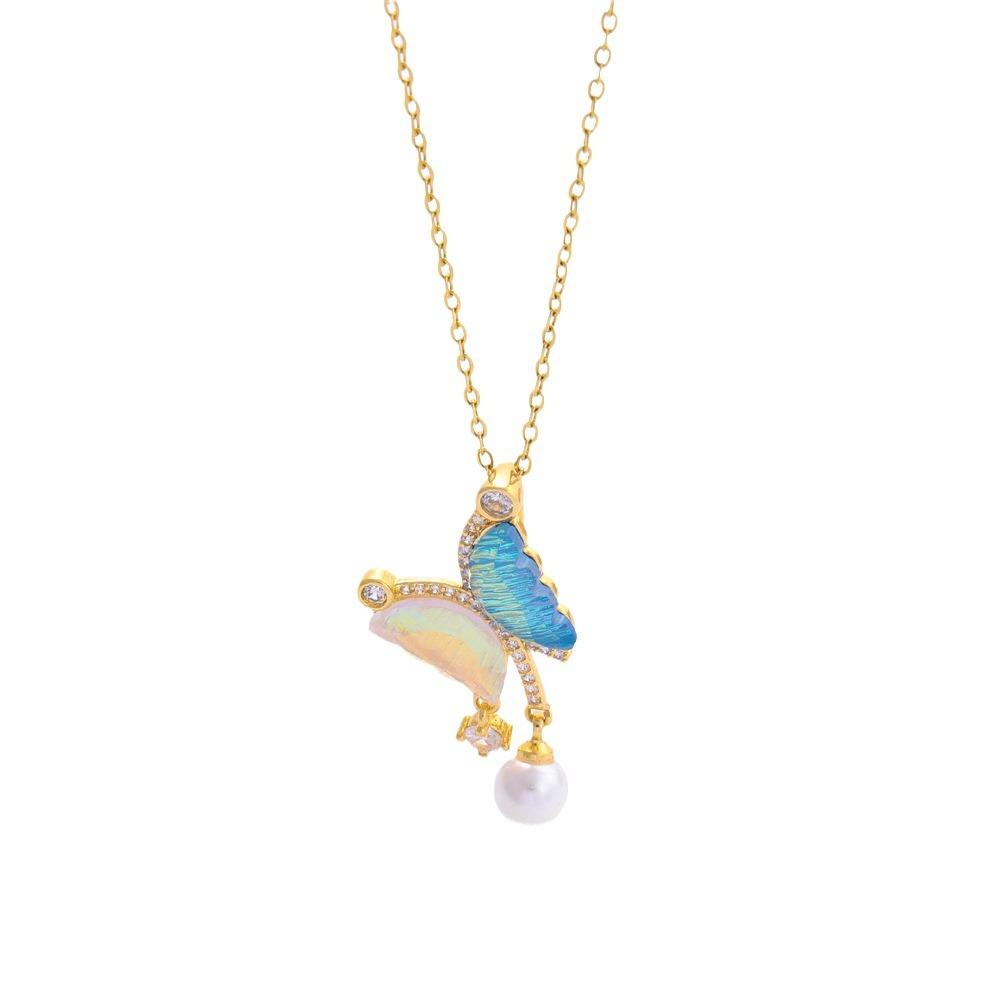 New Fashion Versatile Ultra Fire Color Dopamine Tassel Pearl Butterfly Pendant Titanium Steel Necklace Women's Clavicle Chain