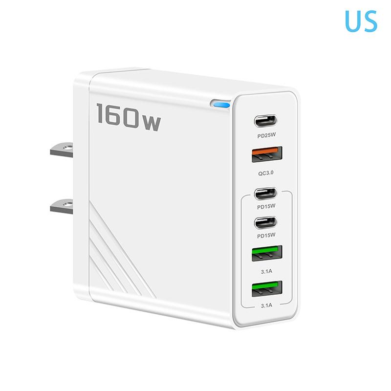 160W 6-Port Fast Charging Usb Type C Quick Charge Pd Qc3.0 Wall Charger Adapter For Iphone Xiaomi Samsung Huawei Phone Charger