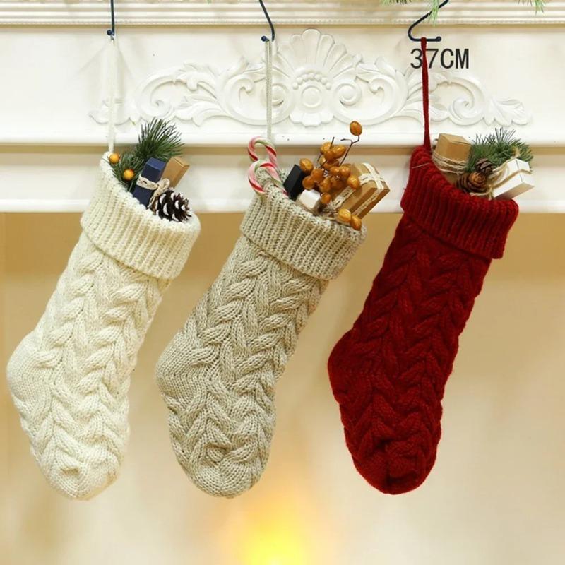 1pc Christmas Knitted Stockings Festival Gift Bag Fireplace Xmas Tree Hanging Ornaments Decor Red White Christmas Sock