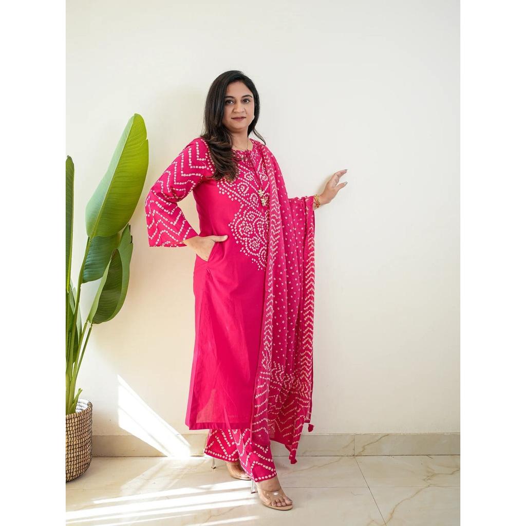 Designer Heavy Cotton Kurti Pant Dupatta Set Women Party Wear Ethnic Kurta Set
