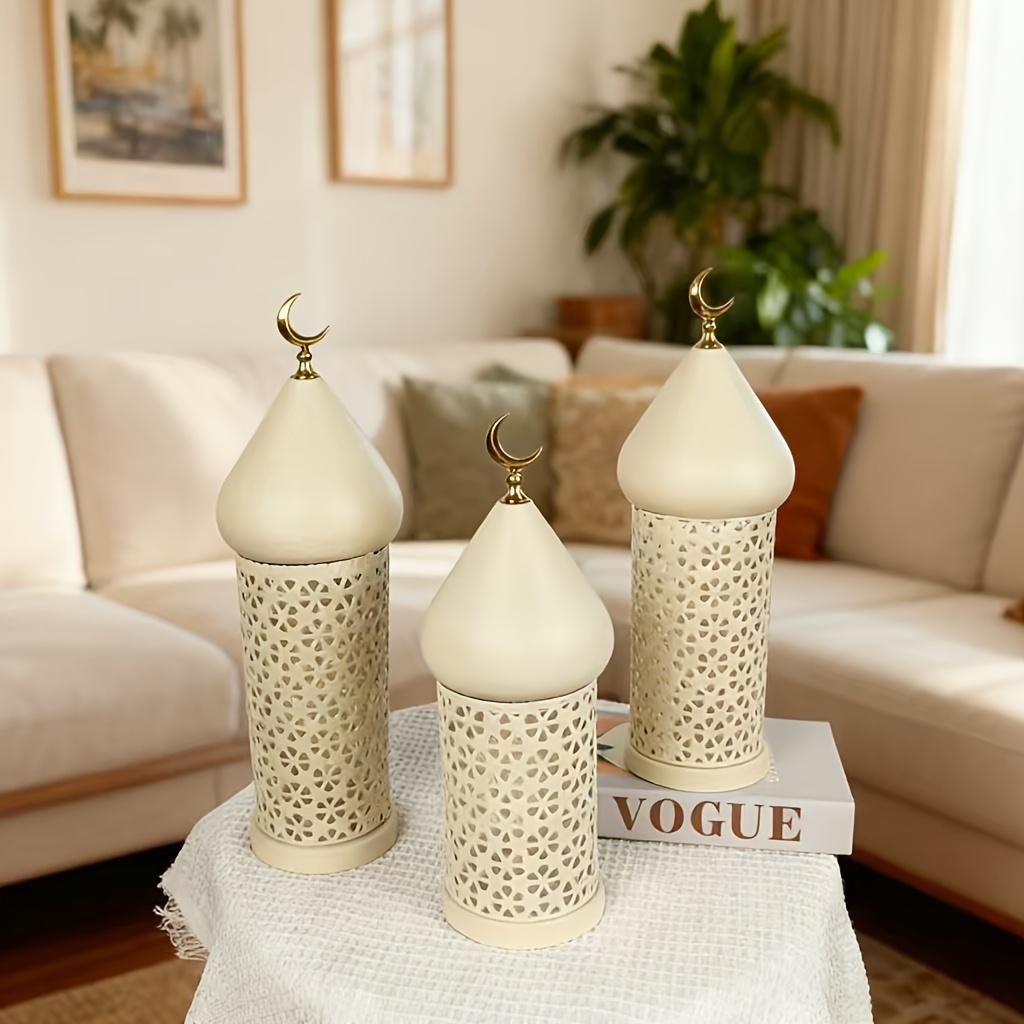 Ramadan Kareem Lantern Set White Moroccan Style Metal Hollow with Golden Crescent Moon Mubarak Home Tabletop Festival Decor