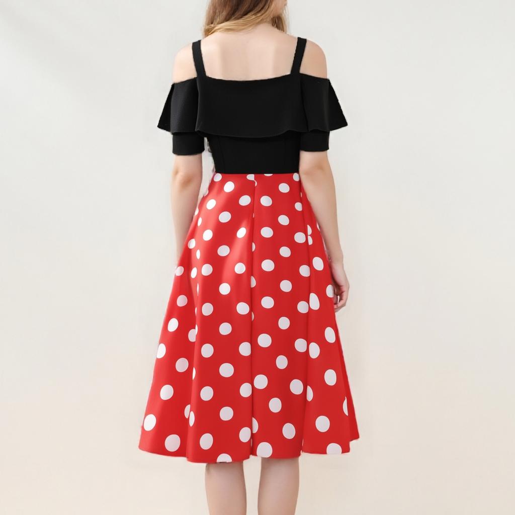 Damenmode Lässig Retro Mit Flound-Fransen Kurzärmelig Schwarz Patchwork Punkt Großer Rock