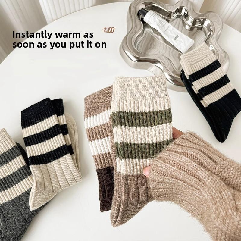 5 Pairs of Female Autumn and Winter New Warm Fashion Retro Striped Tube Stack Socks