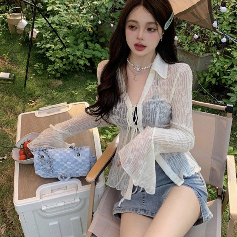 Women's Black Sheer Chiffon Sun Protection Shirt, Lace-Up Waist, Slimming Fit - Autumn 2026