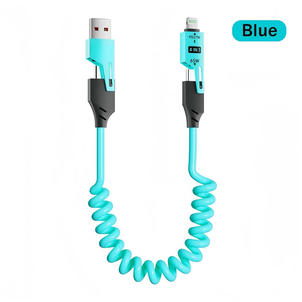 65W+PD27W 4 In 1 6A Charging Data Cable, Multifunctional Spring Retractable Fast Charging Cable for Samsung Huawei Xiaomi Iphone