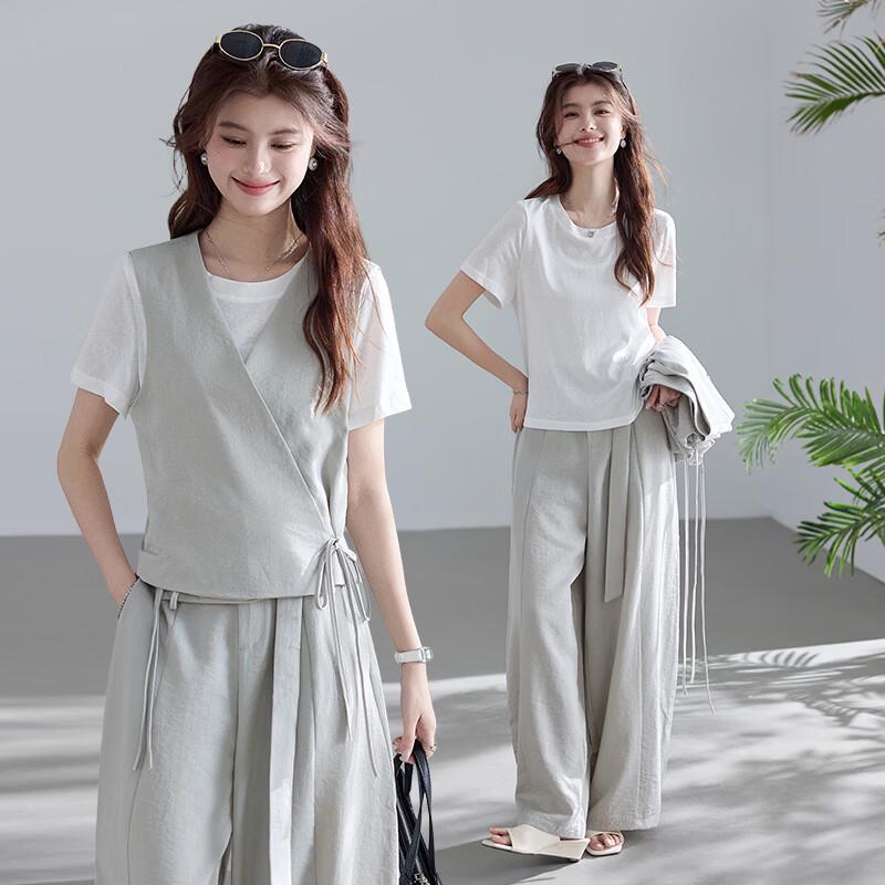 VICTORIA&VERA Round Neck T-Shirt, Vest & Wide-Leg Pants 3-Piece Set