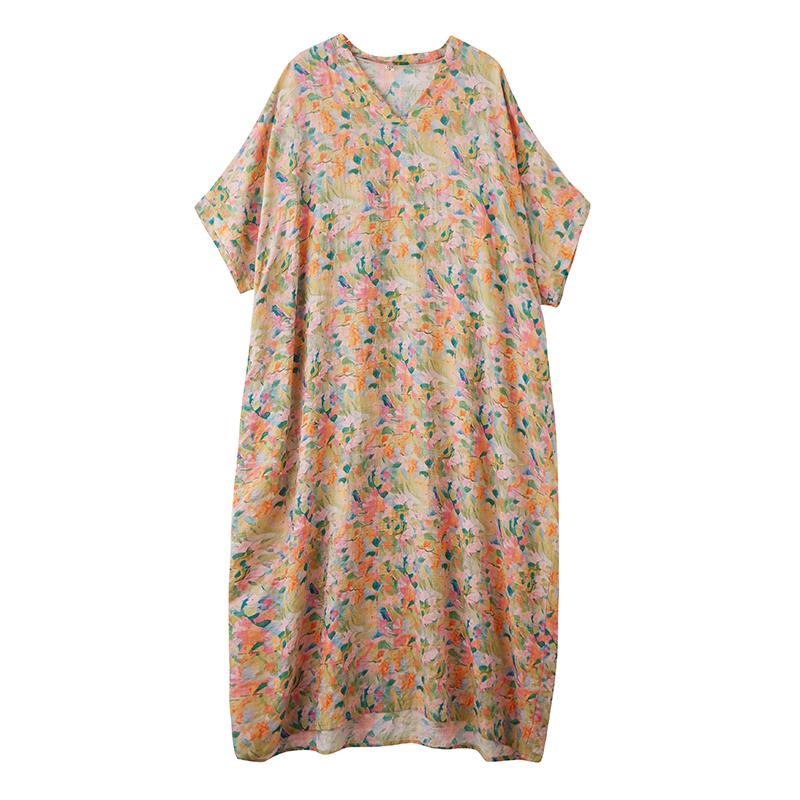Dimanaf 2025 Summer Plus Size Dress Women Casual V-Neck Vintage Shirt Dress Loose Basic Printing Dress