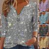 Women Long Sleeve Sequin Tops Round Neck Zipper Half Placket Plus Size Pullover Sweatshirt