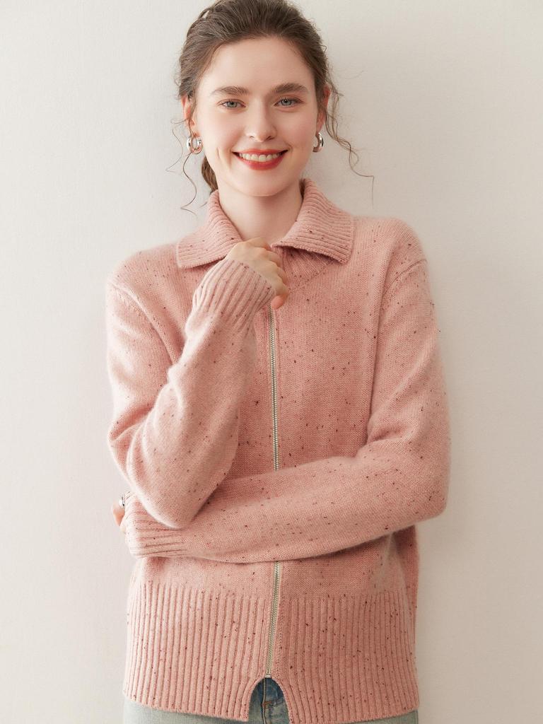 Women's Heavyweight Cashmere Dotted Knit Cardigan - High Neck, Long Sleeve, Zipper, Warm, Loose, Comfortable