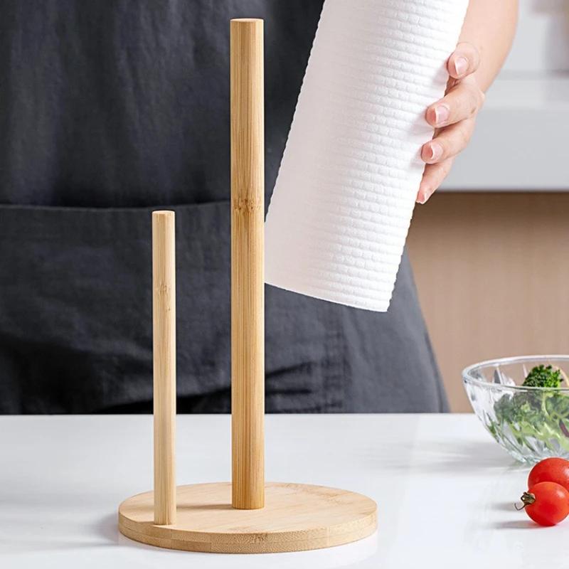Kitchen Wooden Roll Paper Towel Holder Bathroom Tissue Vertical Stand Disposable Paper Pot Kitchen Toilet Storage Accessories