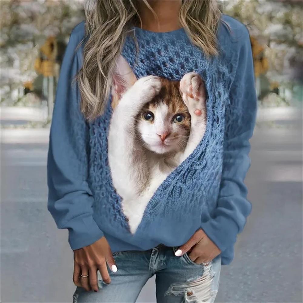 Jersey de manga larga para mujer, camiseta con estampado de gato a la moda en 3D, Jersey informal de calle para chica, suéter de cuello redondo, Top diario para mujer