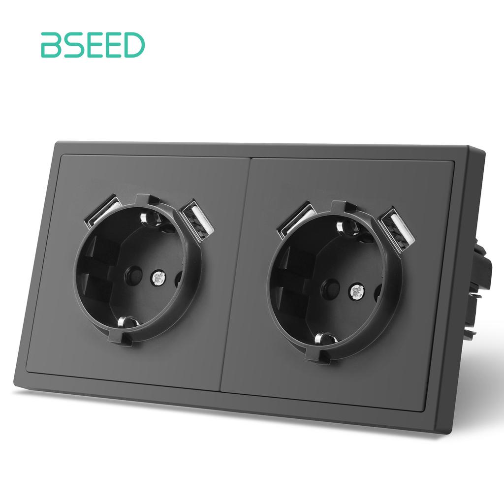 BSEED Mechanical 1/2/Gang Wall Light Switch 1Way With EU Sockets Power USB Power Outlets Plastic Panel No Led Lights Gray Series