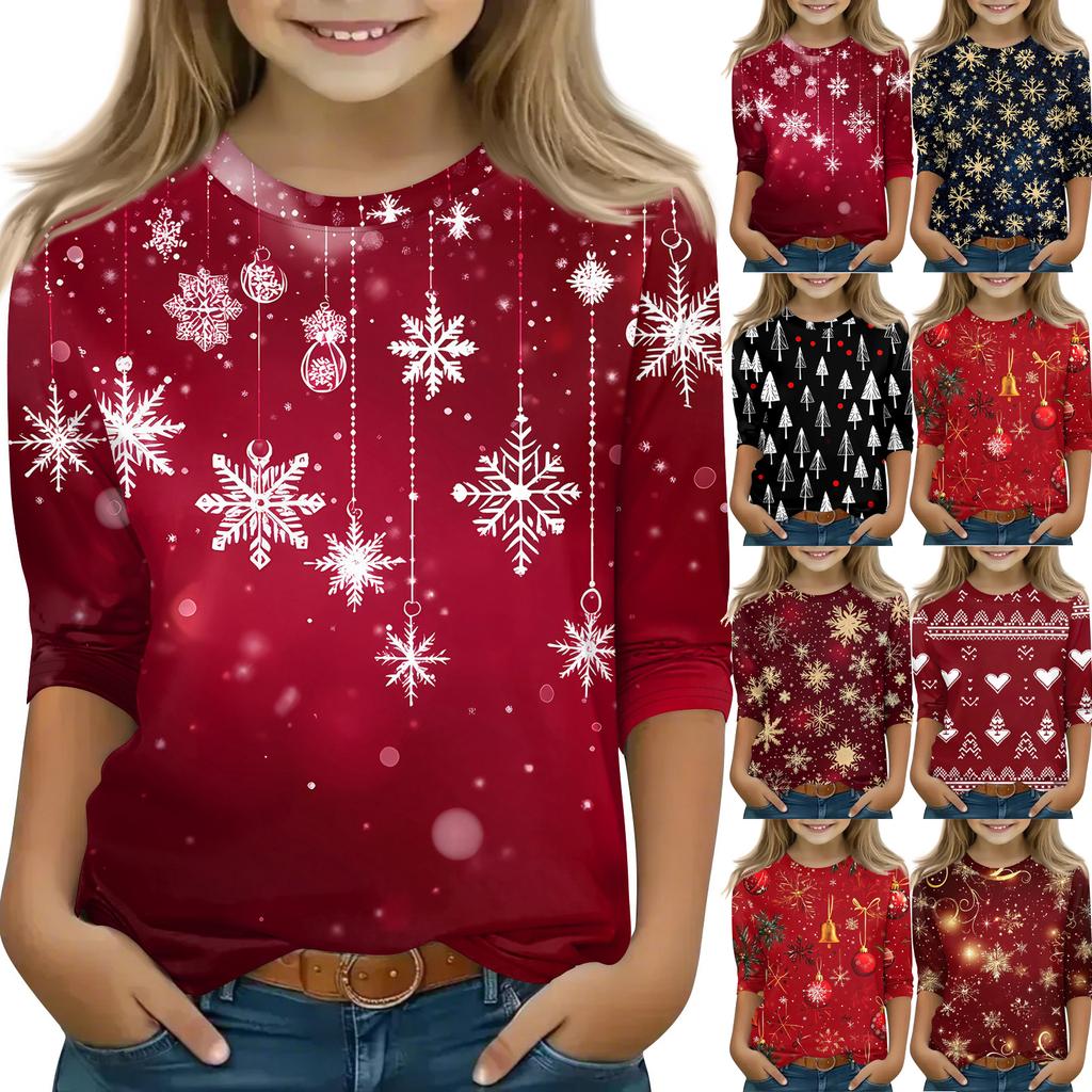 Children's 3/4 Sleeve Tops Casual Christmas Print T Shirt Round Neck Pullover Blouse