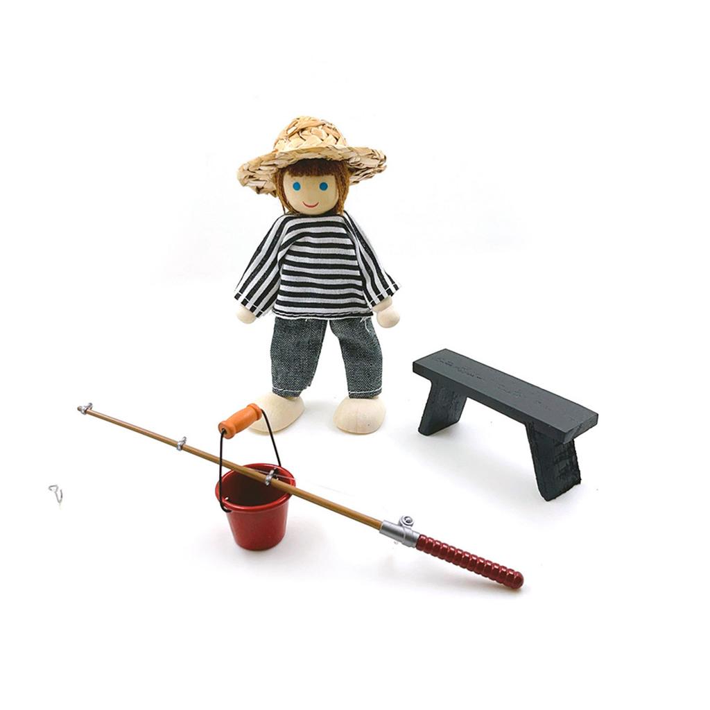 1/12 Model Fishing Equipment Set Dense Travel Tiny Rod Bucket Chair Simulation Activity Gear