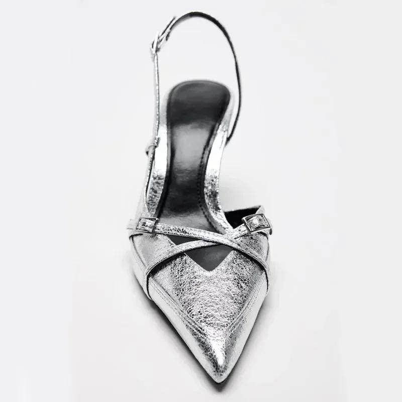 Fashion Elegant Metal Buckle Women Pumps Sexy Pointed Toe Slingbacks Thin High Heels Sandals High Quality Leather Luxury Designer Heels