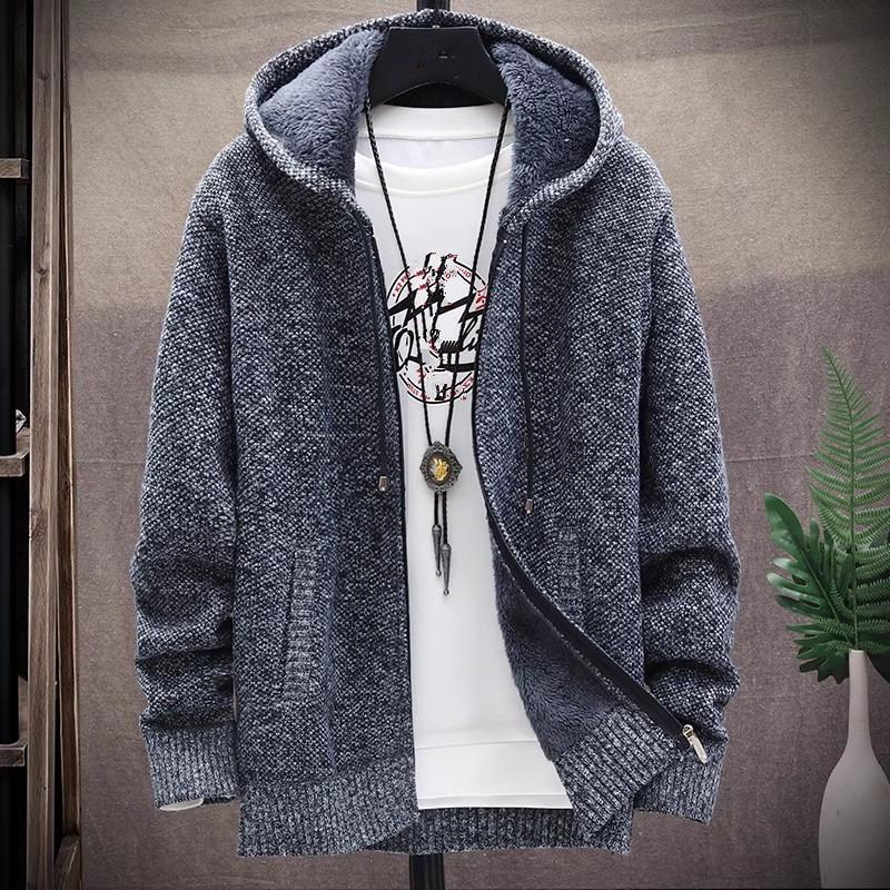 Men‘s Hooded Cardigan Knitted Sweater Winter Thick Fleece Warm Casual Knitwear Coat Solid Color Cardigan Men Hooded Sweaters