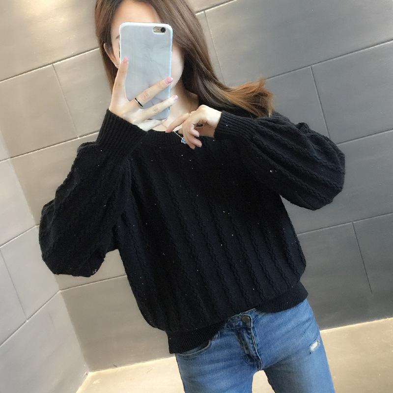 Temperament simple style solid color round neck lantern sleeve sweater spring and autumn fashion outer wear knitted bottoming shirt women's
