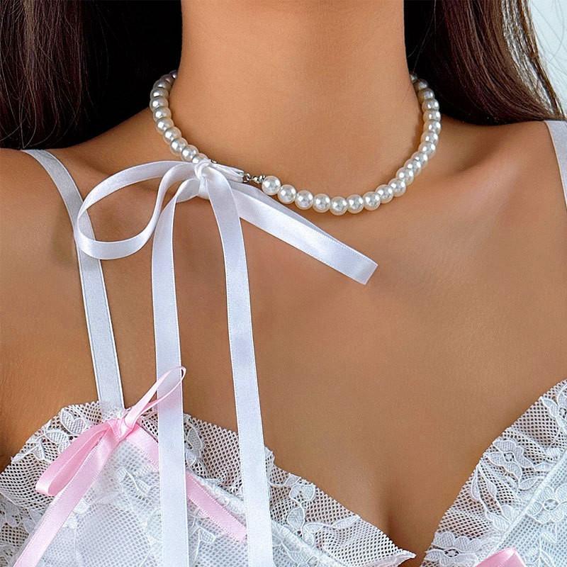 New Korean Romantic Imitation Pearl Beaded Choker Fashion Black Velvet Adjustable Bow Necklace Banquet Wedding Jewelry