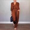 Fall Solid-Color Satin Short-Sleeve Women's Fashion Top and Pants Set