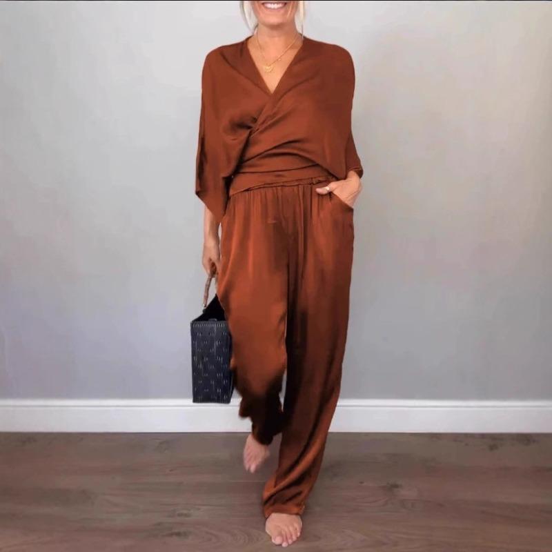 Fall Solid-Color Satin Short-Sleeve Women's Fashion Top and Pants Set