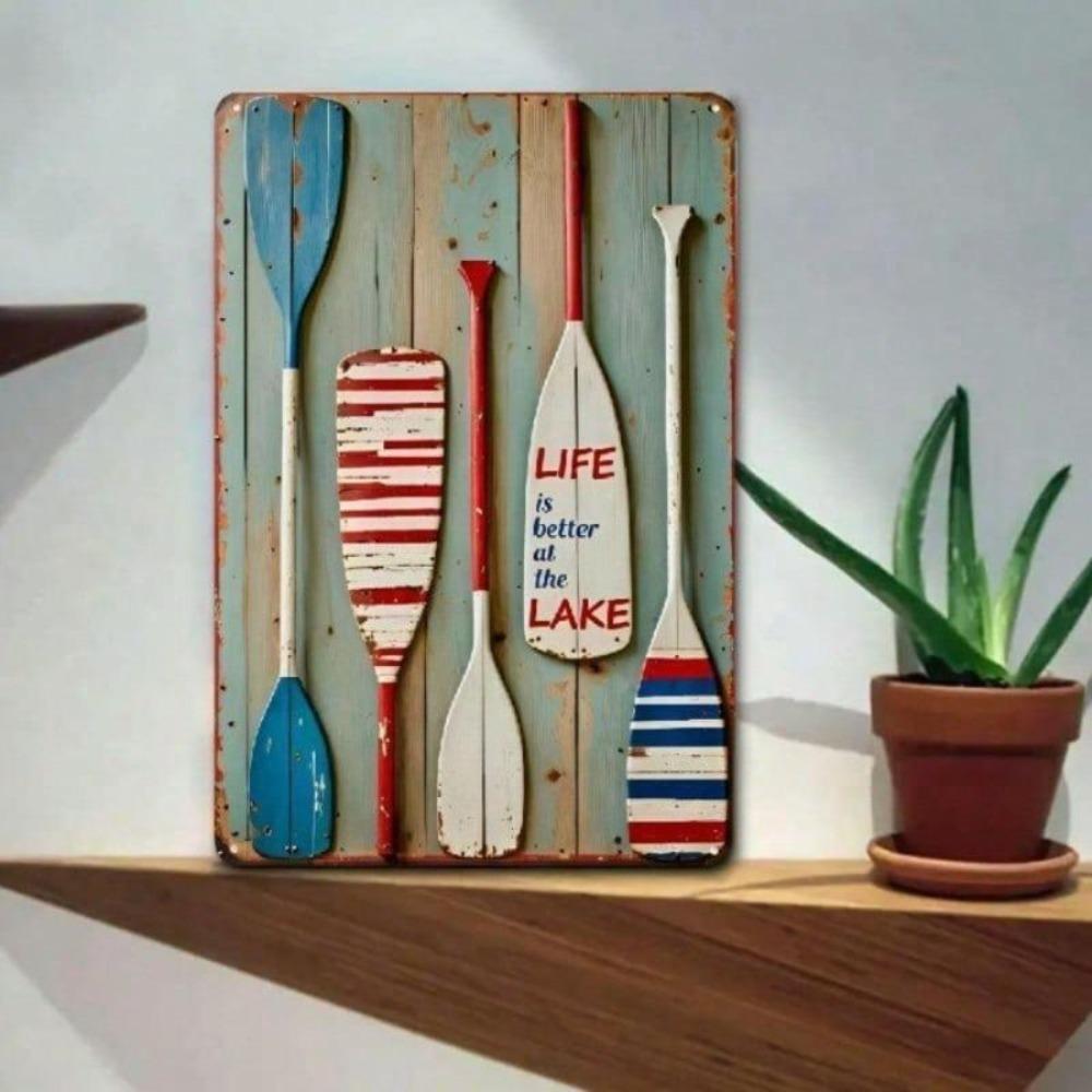 Rustic Lake Metal Wall Art Vintage Sign Paddle Design 12x8 Inches Cabin Decor