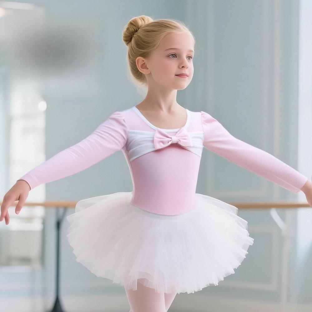 Girls Long-Sleeve Ballet Dance Costume Leotard Dress Pink White Tutu Skirt Stretch Fabric Dancewear Performance Gym Suit