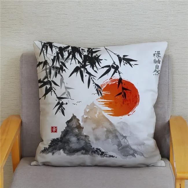 45*45 Classical Ink Landscape Printing Pattern Cushion Cover Home Living Room Sofa Decoration Square Pillow Case