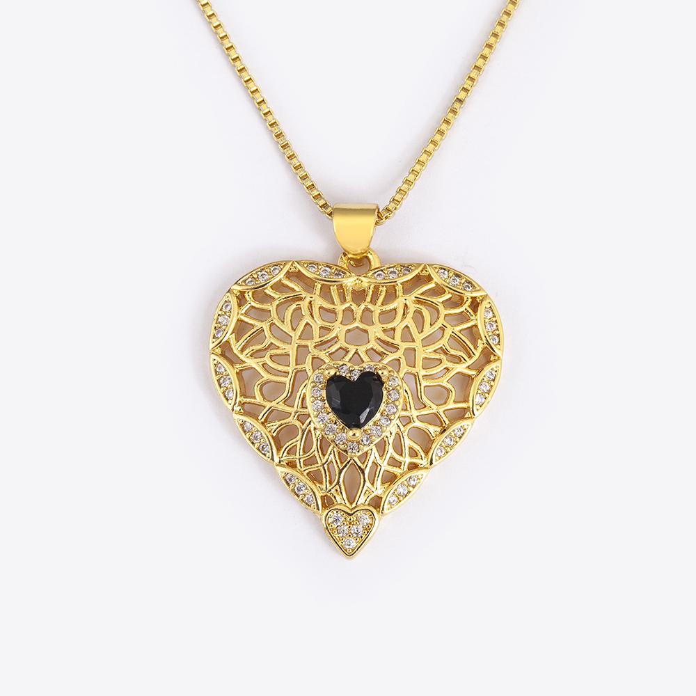 Nidin New Retro Heart Shape Hollow Design Sparkling Zircon Pendant Necklace For Women Men Vintage Jewelry Wholesale Accessories
