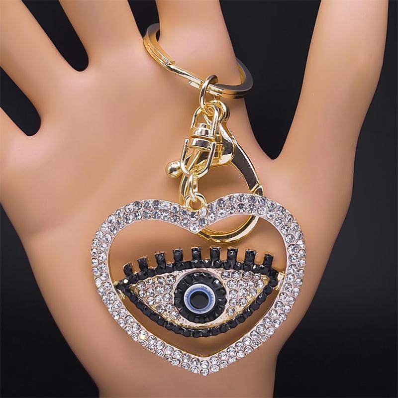 Sweet Pink Crystal Love Heart Evil Blue Eye Key Chain for Women Men Alloy Gold Color Turkish Eyes Hollow Keyring Jewelry Gifts