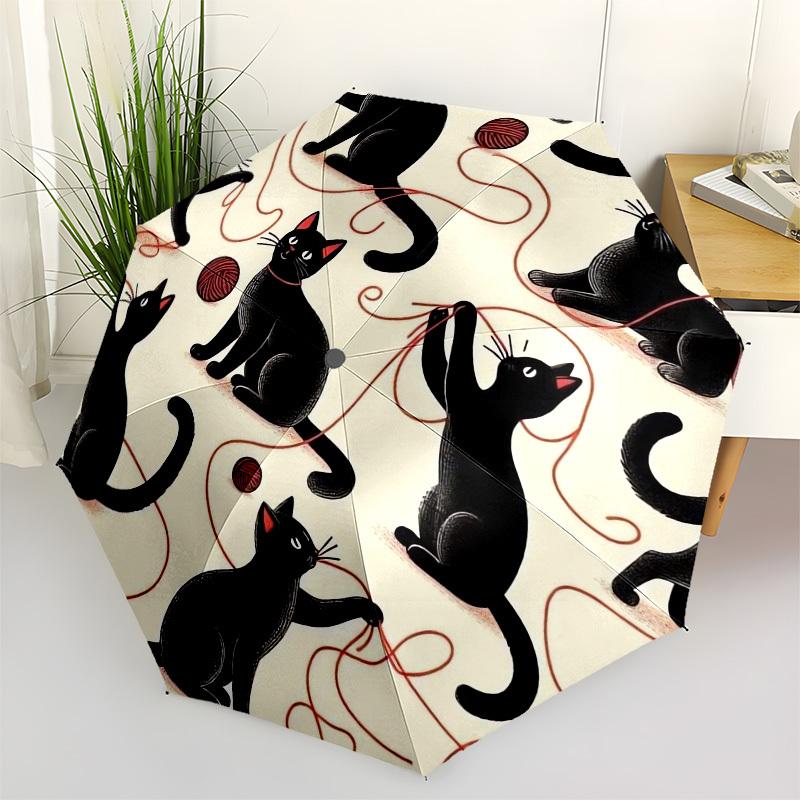 1pc Black Cats Playing with Yarn Pattern Umbrella with Plastic Handle,Vibrant Cartoon Pattern,Multi-functional UmbrellaPT240
