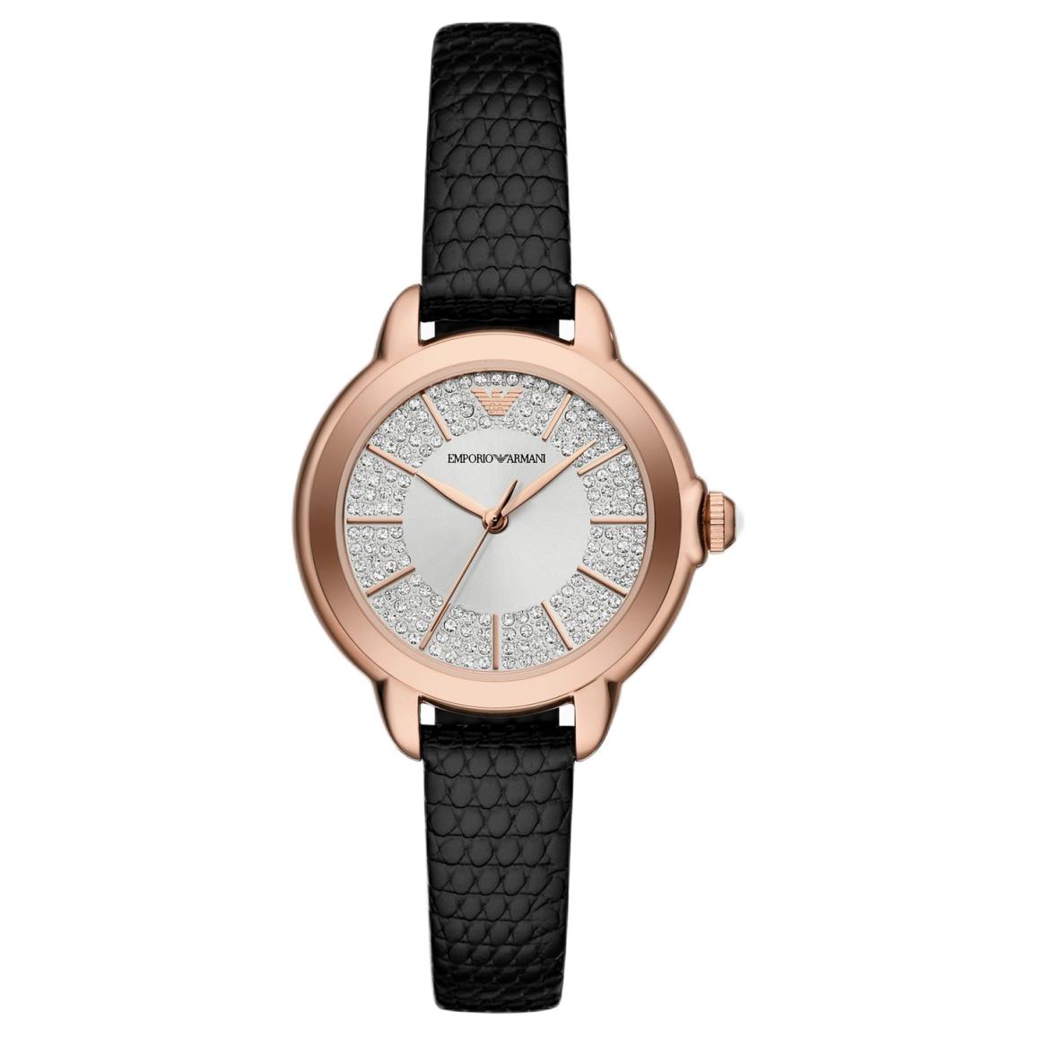 EMPORIO ARMANI Three-Hand Black Leather Watch AR11631-CLG Silver Dial